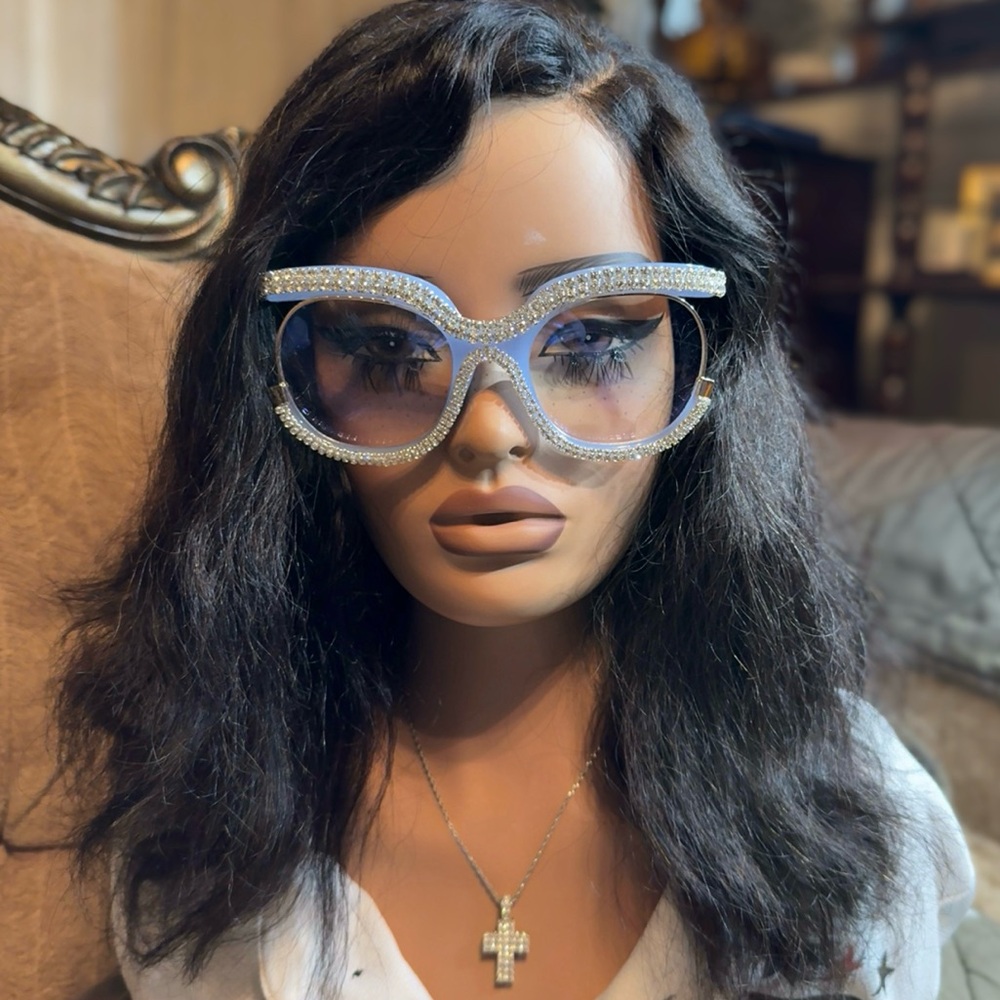 Chic Crystal-Embellished Blue Sunglasses